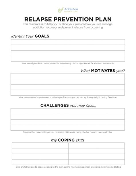 Printable Relapse Prevention Worksheets Pdf